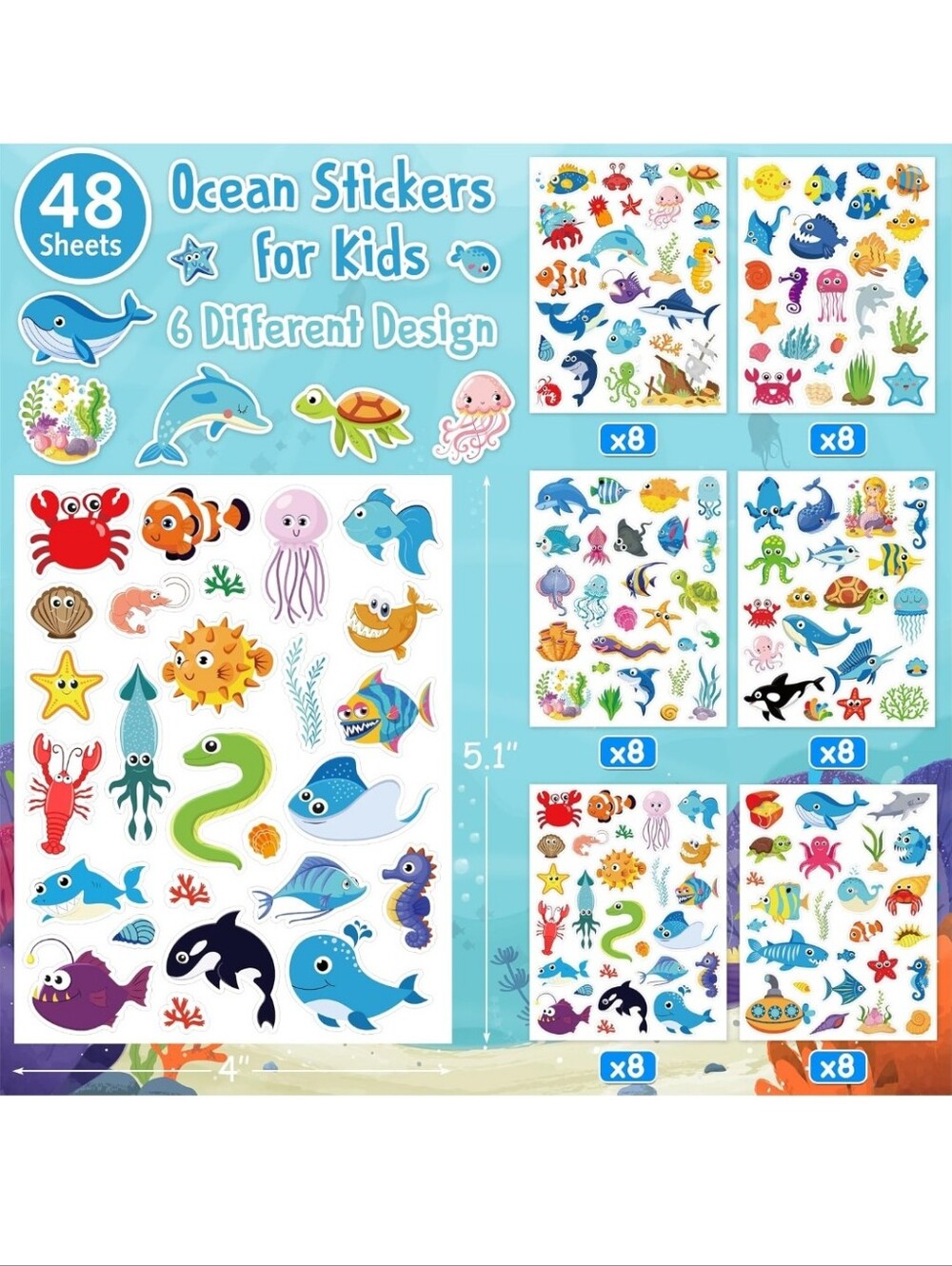 Kids Ocean Stickers - Colorful Blue Sea Creature Pack